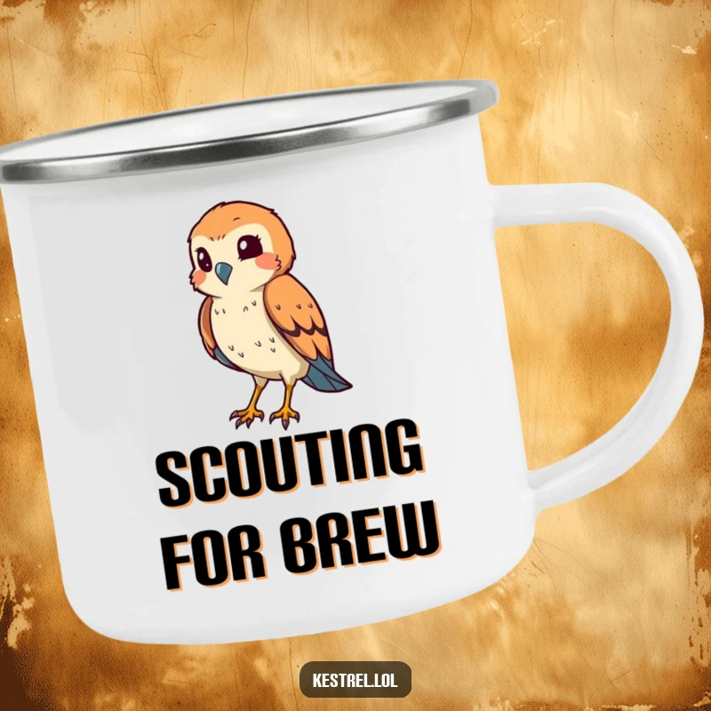 Funny kestrel camping mug with a smiling bird squinting its eye in a hunting pose, perfect for outdoor use and humor.