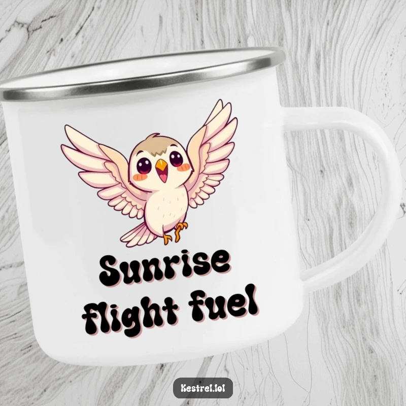 Funny smiling kestrel camping mug, the bird eagerly soaring with outstretched wings, perfect for adventurous spirits.