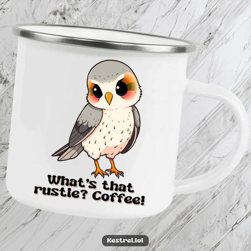Funny kestrel camping mug, rugged drinkware with a curious bird tilting its head, ideal for nature lovers.