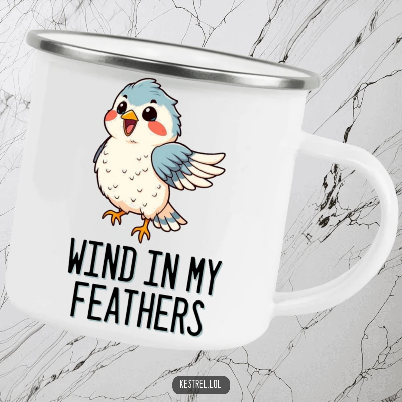 Funny kestrel camping mug with a delighted bird dancing in the wind, feathers ruffled, perfect for outdoor use and humor.