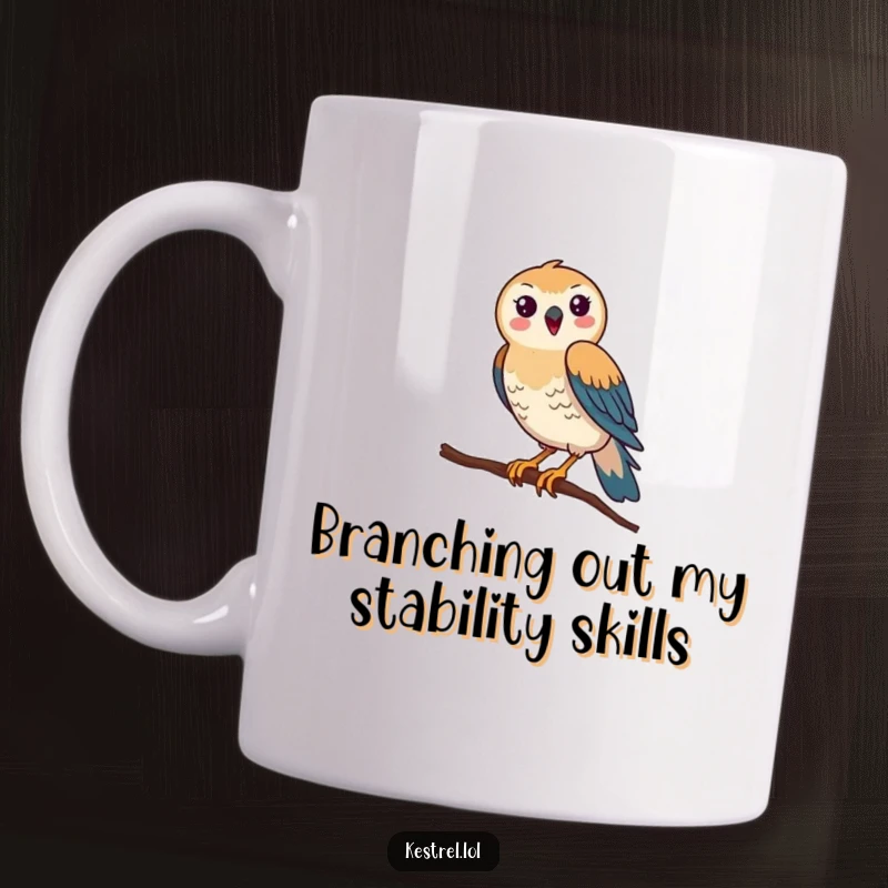 Funny Kestrel Mug: A happy kestrel comically struggles to balance on a super thin branch, looking hilariously unsteady and full of personality.