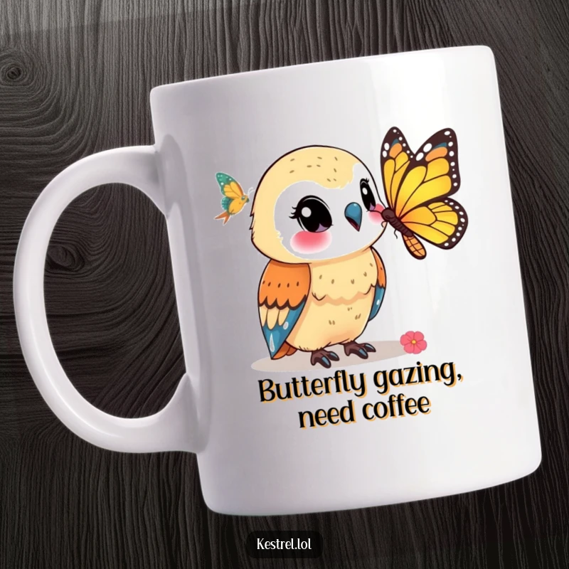 Funny kestrel mug featuring a smiling kestrel character captivated by a beautiful butterfly, capturing a moment of pure wonder.