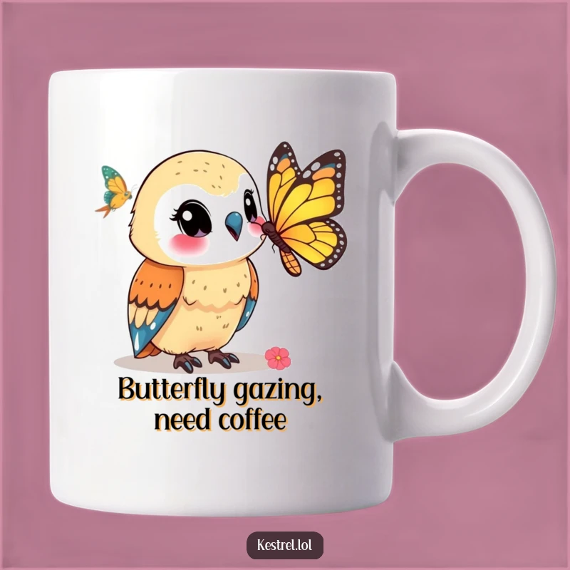 Funny Kestrel Mug: Smiling at Butterfly - Whimsical Bird Gift