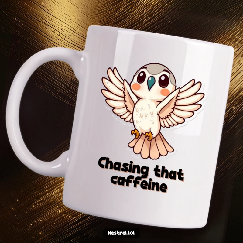 Funny Kestrel Flight Mug showing a kestrel with wings spread wide in majestic flight, embodying freedom and humor.