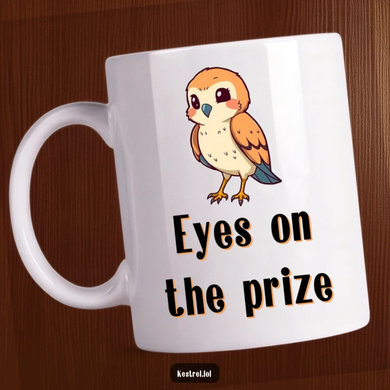 Funny kestrel mug showing a smiling bird squinting its eye in a hunting pose, radiating playful predator energy.