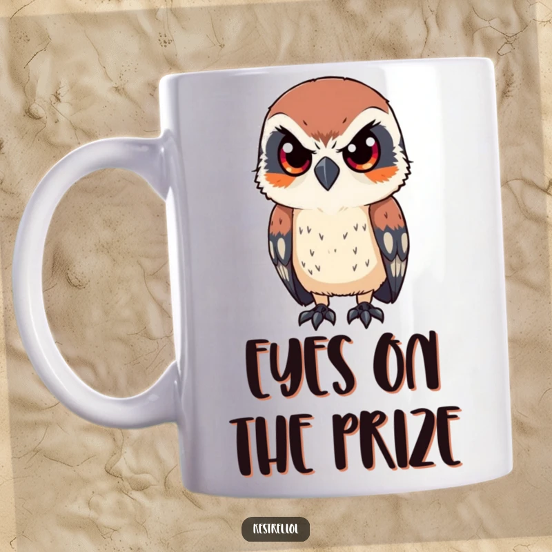 Funny mug showcasing a kestrel character looking intently with sharp, focused eyes, designed for bird enthusiasts with a sense of humor.