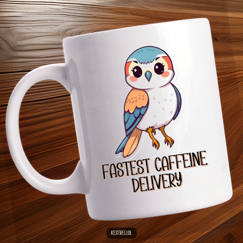 Funny kestrel mug showing a stylized bird of prey with wings tucked, captured in a dynamic mid-swoop downwards motion.