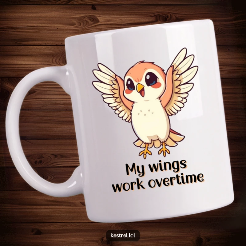 Funny mug featuring a cheerful kestrel character flapping its wings energetically with a wide, happy smile, radiating pure joy.