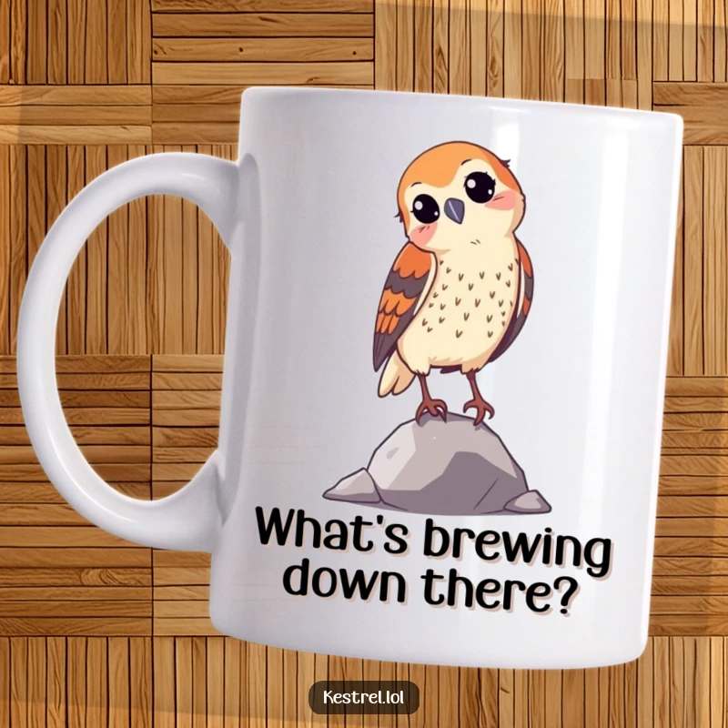 Funny curious kestrel mug with head tilted, observing intently, a perfect gift for bird watchers and nature enthusiasts.