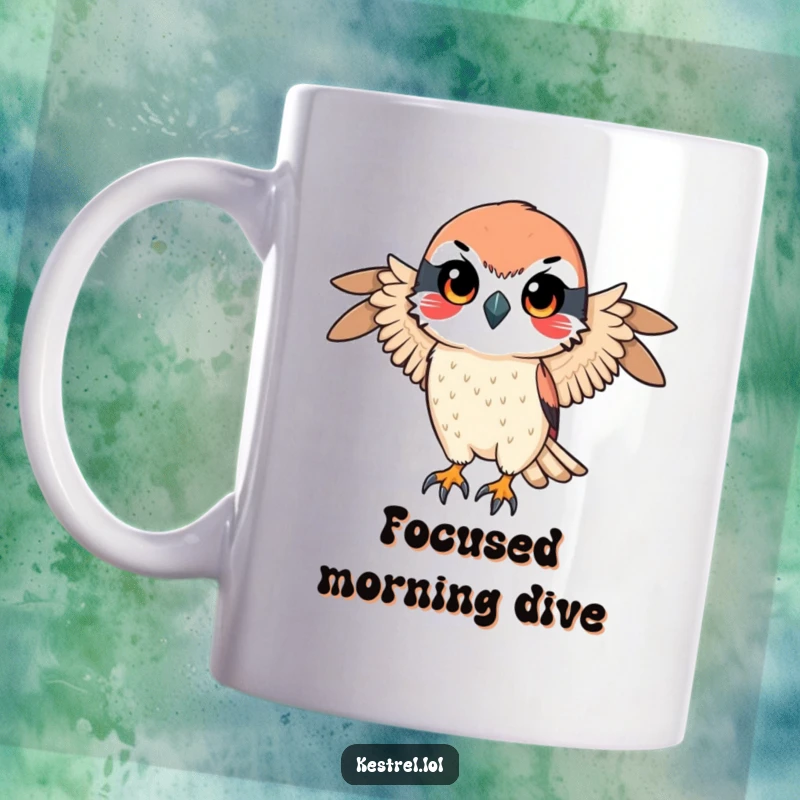 Funny mug featuring a kestrel character with a determined gaze, wings poised for a swift, focused descent, embodying intense concentration.