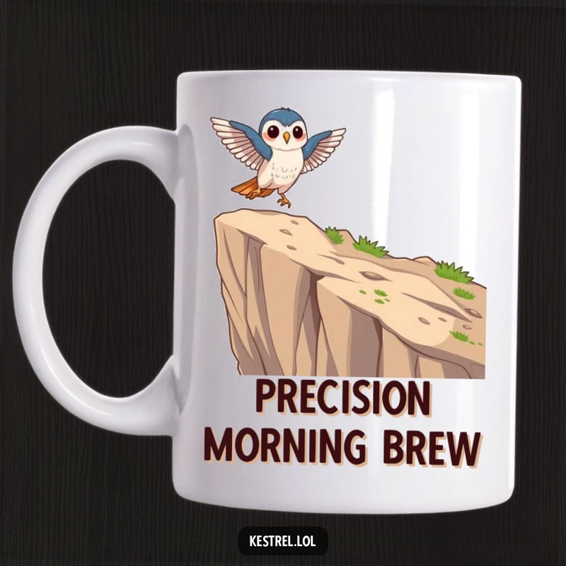 Funny focused kestrel mug showing a kestrel character landing gracefully on a cliff edge with precision.
