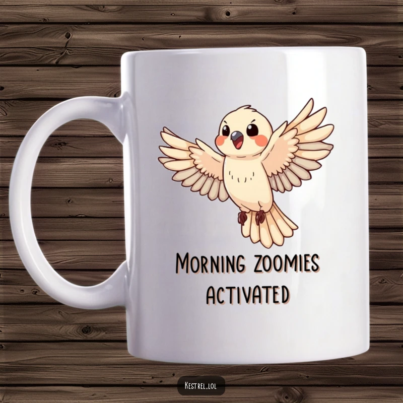 Funny happy kestrel mug shows a bird flapping wings vigorously in flight, conveying pure joy and freedom.