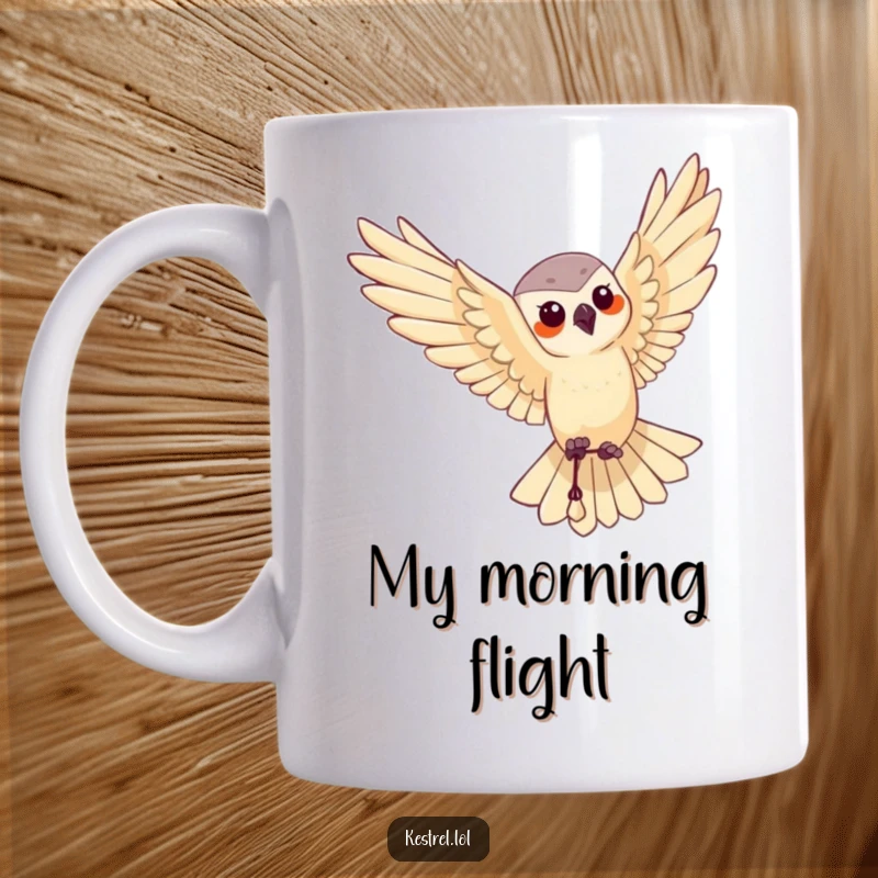 Funny mug depicting a kestrel character executing a graceful, precise aerial maneuver with poise and skill.