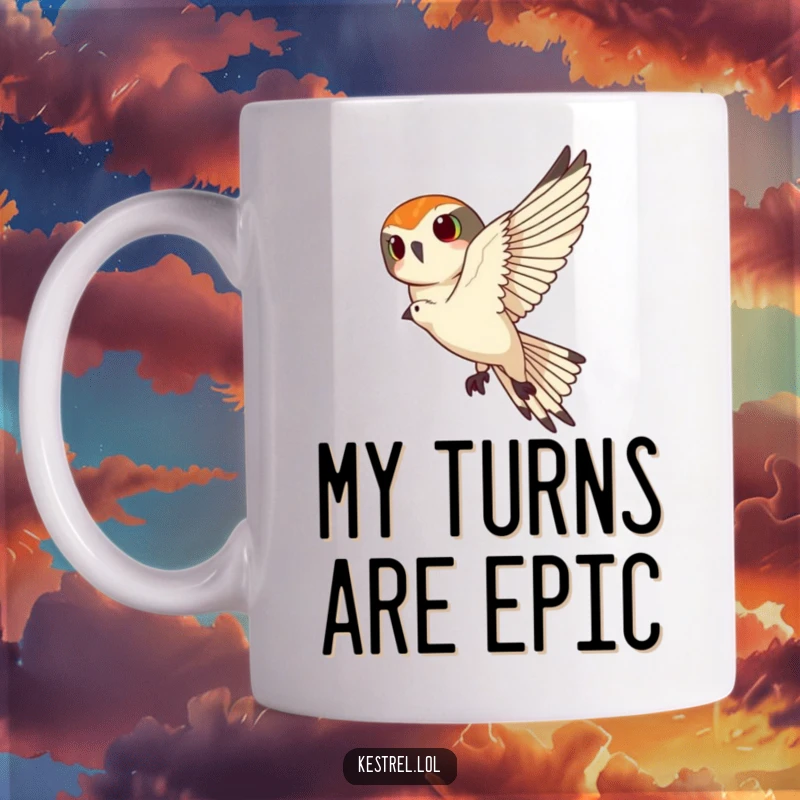 Funny kestrel mug depicting a kestrel banking sharply in the sky, capturing a moment of aerial agility and humor.