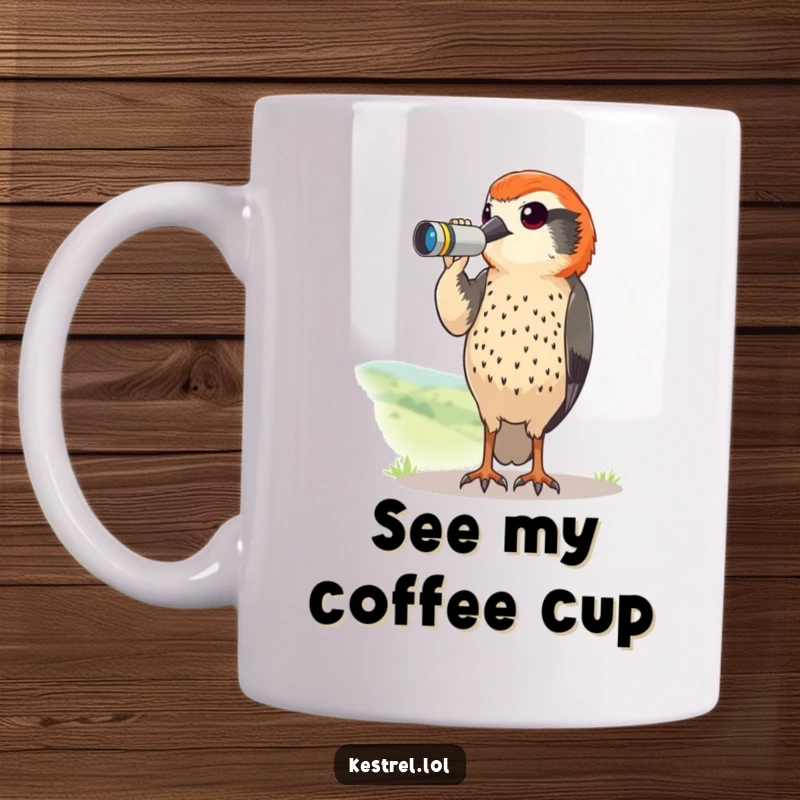 Funny kestrel mug with tiny binoculars, curiously scanning a distant landscape. A humorous design for bird and nature enthusiasts.