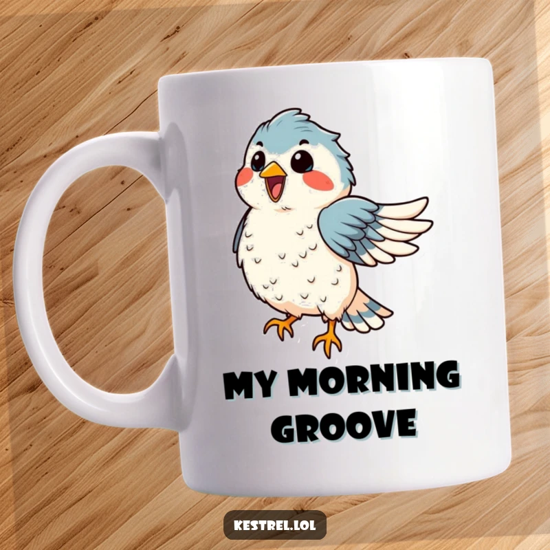 Funny kestrel mug showing a delighted bird with ruffled feathers, dancing joyfully in the wind, radiating pure fun.
