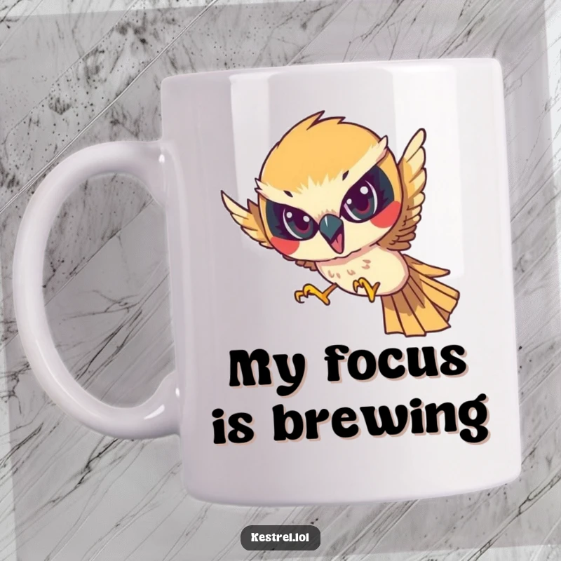 Funny mug featuring a determined kestrel character diving with intense focus, capturing the essence of precision and speed.