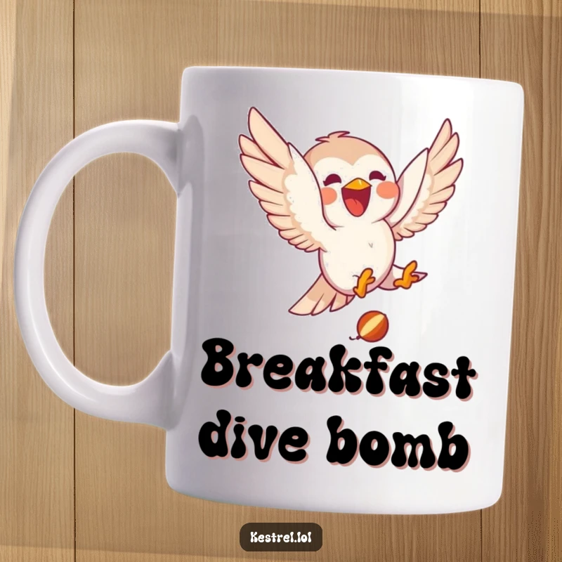 Funny kestrel mug with a delighted character joyfully diving towards small prey, conveying focus and exhilaration for a humorous gift.
