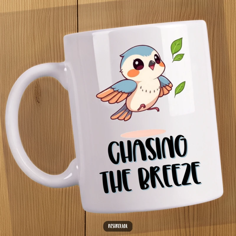 Funny kestrel mug showing a bird playfully chasing a fluttering leaf, capturing autumn fun and lightheartedness, a humorous gift.