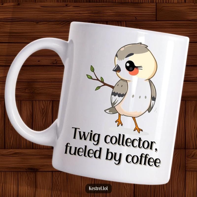 Funny kestrel mug featuring a determined kestrel carrying a twig, looking very busy and focused on its task.