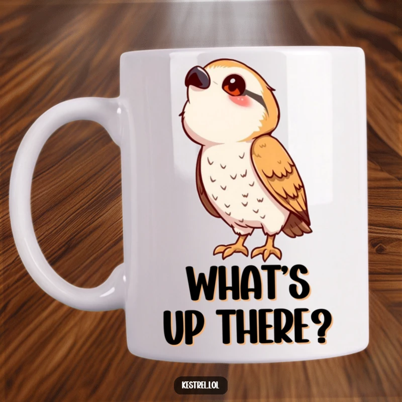 Funny kestrel mug showing a cute, stylized bird character looking upwards with wide-eyed curiosity and a playful pose.