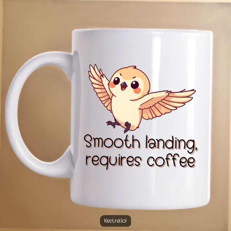 Funny kestrel mug showing a small kestrel character executing a perfect, graceful landing with poise and charm.