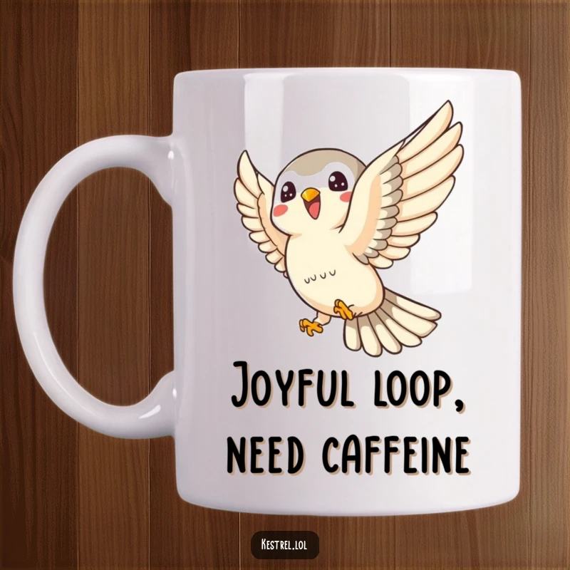 Funny kestrel mug showing a joyful kestrel character playfully swooping through the air with energetic glee.