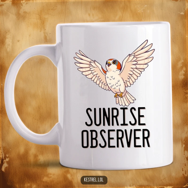Funny kestrel mug featuring a majestic bird of prey soaring with wings spread wide, eyes intensely scanning the horizon.