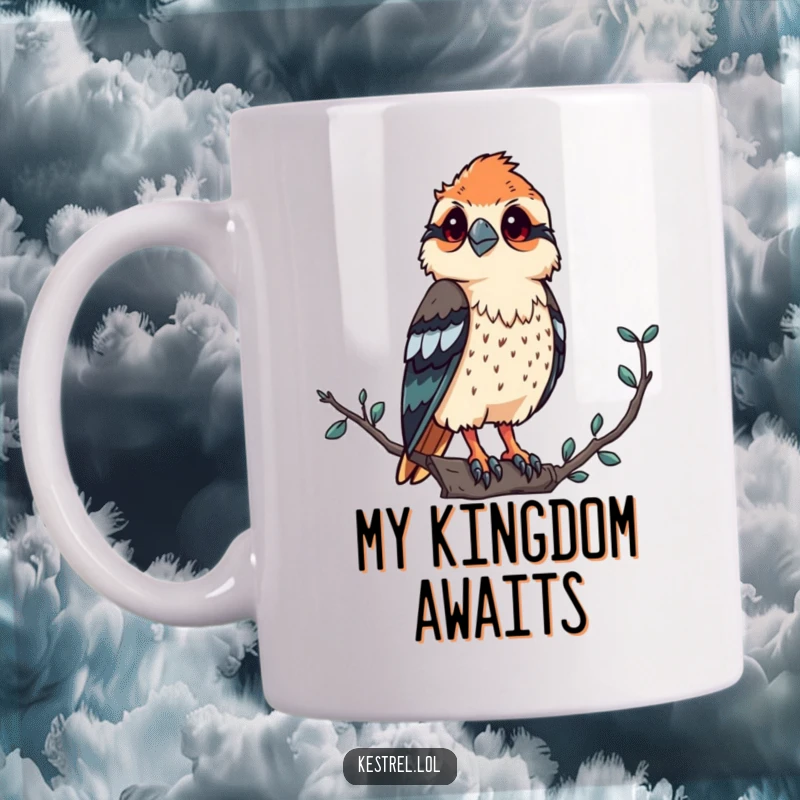 Funny kestrel mug featuring a proud bird of prey perched high, observing its surroundings with a regal and watchful expression.