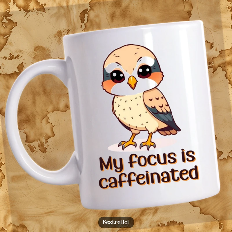 Funny kestrel mug showing a cheerful bird with sharp eyes, intently scanning the ground below.