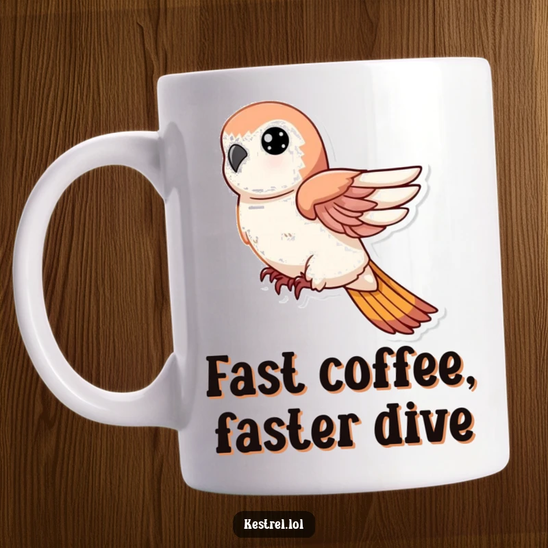 Funny mug depicting a kestrel character diving swiftly downwards with wings tucked in a powerful descent.