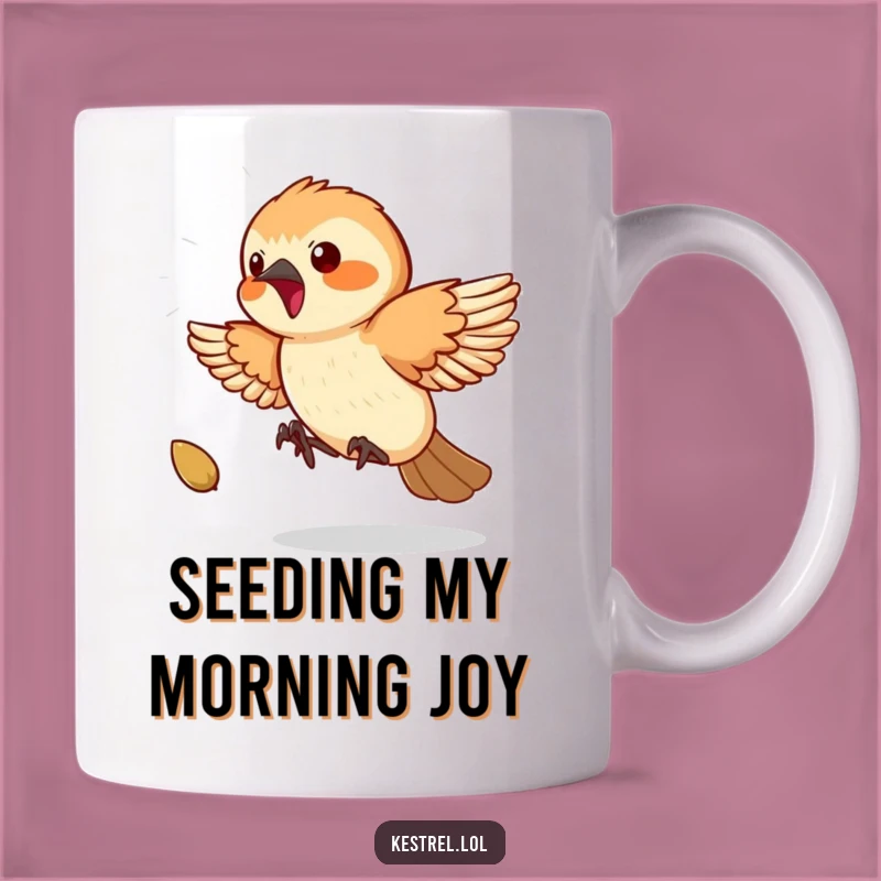 Funny Kestrel Seed Chase Mug: Playful Bird Action, Hilarious Gift Idea