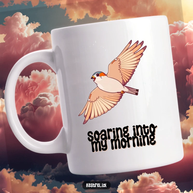 Funny kestrel soaring mug, showing an energetic bird in a wide arc against a blue sky; a gift for bird lovers.