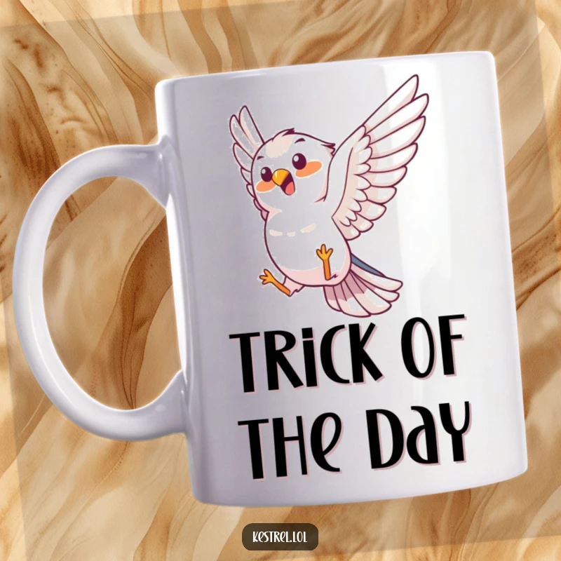Funny kestrel mug, joyful bird character performing an aerial trick, energetic and skilled, perfect gift.