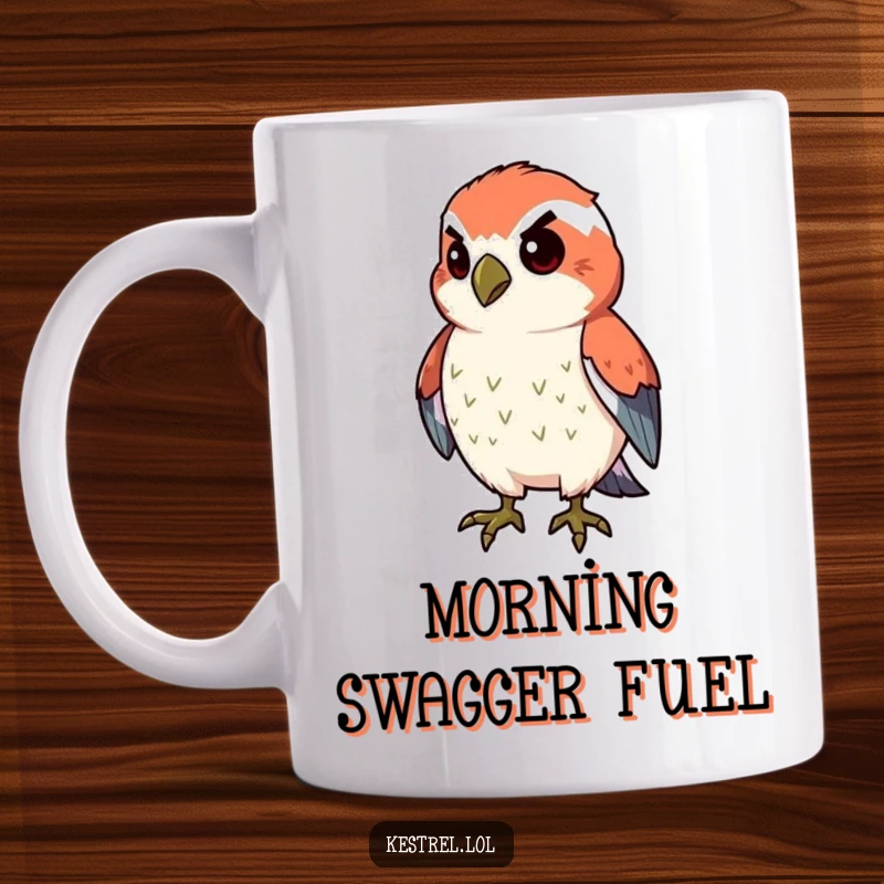 Funny proud kestrel mug featuring a kestrel character puffing its chest with determination and confidence.