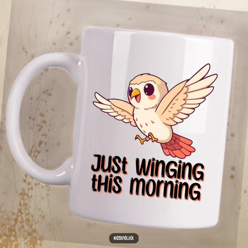 Funny kestrel mug, cute bird character bravely soaring sideways with a determined expression, perfect for gift.