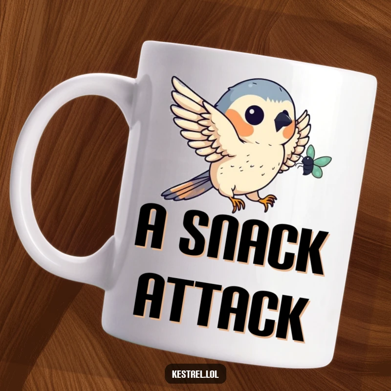 Funny kestrel mug depicting a bird of prey expertly catching a tiny bug mid-air, highlighting focus and humor, a great bird gift.