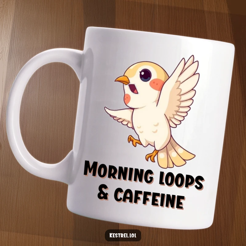Funny kestrel mug, playful bird character doing a loop in the sky, energetic and amusing, gift idea.