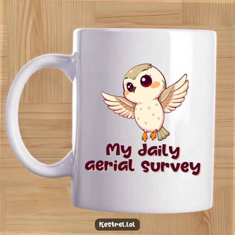 Funny kestrel mug with a curious bird hovering mid-air, eyes wide with intense focus, perfect for bird lovers. A humorous gift.
