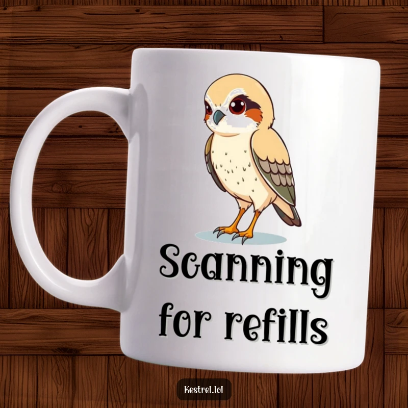 Funny mug depicting a kestrel character intently scanning the ground below with sharp, focused eyes.