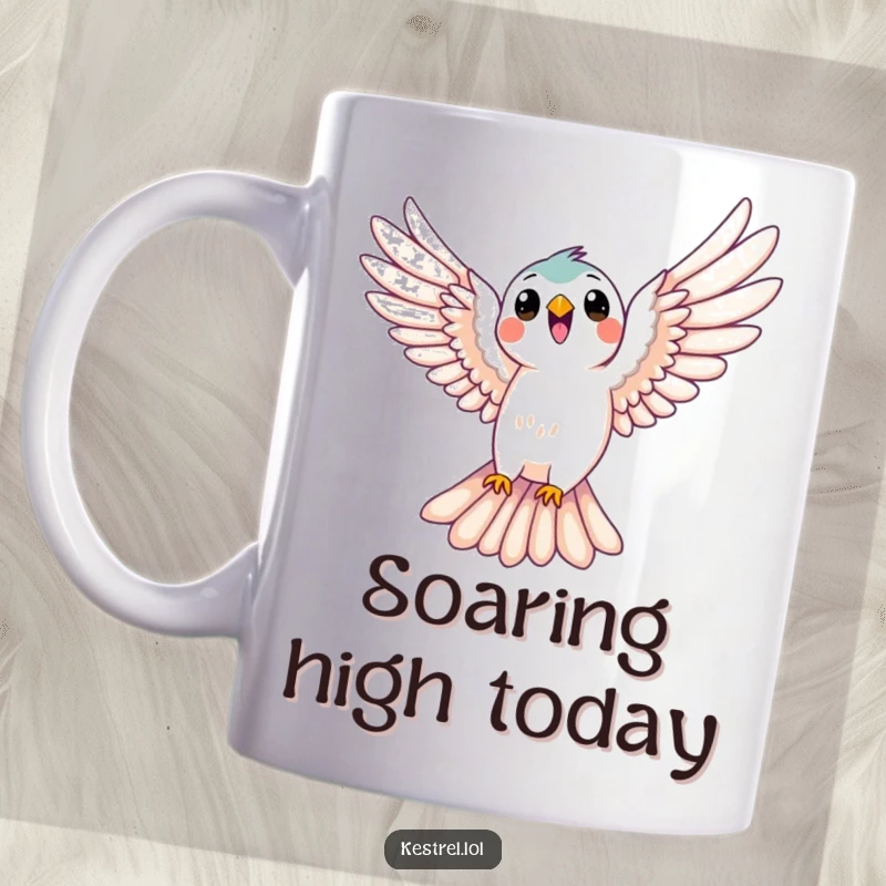 Funny kestrel mug showing a bird joyfully soaring with wings spread wide, capturing a sense of freedom and happiness, a great gift.