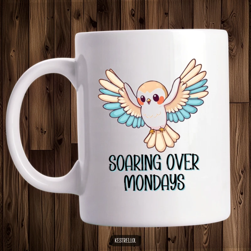 Funny kestrel mug featuring a cute character gliding effortlessly with wings spread wide, symbolizing freedom and grace, an ideal funny gift.
