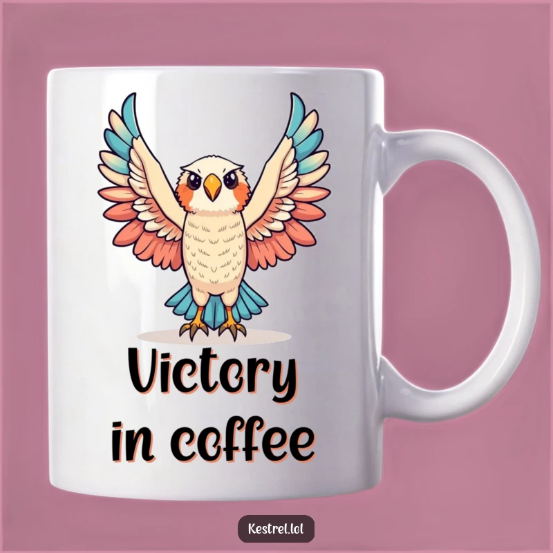 Funny Triumphant Kestrel Mug: Victory Wings Humor for Winners