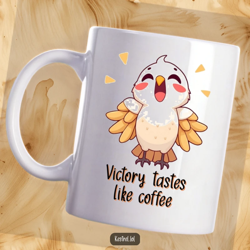 Funny triumphant kestrel mug shows a bird letting out a loud, cheerful cry, celebrating a victory.