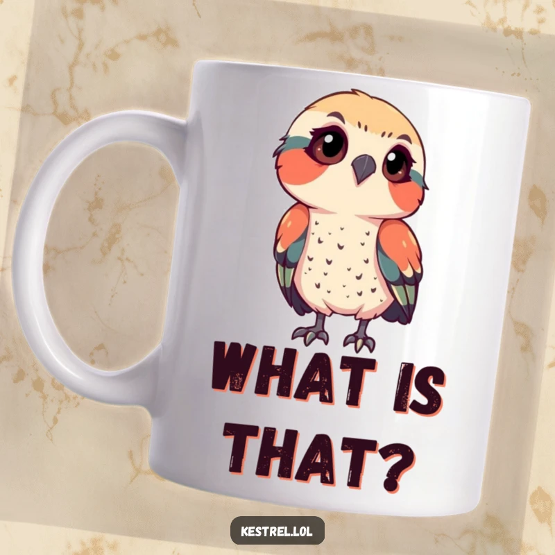 Funny kestrel mug showing a bird tilting its head in intense focus, capturing curiosity, a humorous gift for observant bird fans.