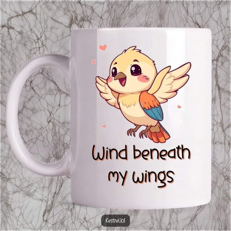 Funny kestrel mug showing a gleeful bird character joyfully catching a playful breeze with a big smile, perfect gift.