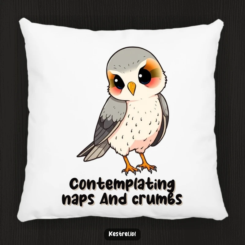 Funny kestrel pillow, soft cushion with a curious bird tilting its head, perfect for cozying up.
