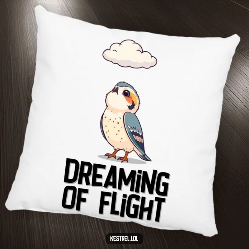 Funny pillow featuring a curious kestrel character looking up at a cloud, offering plush humor and contemplation.