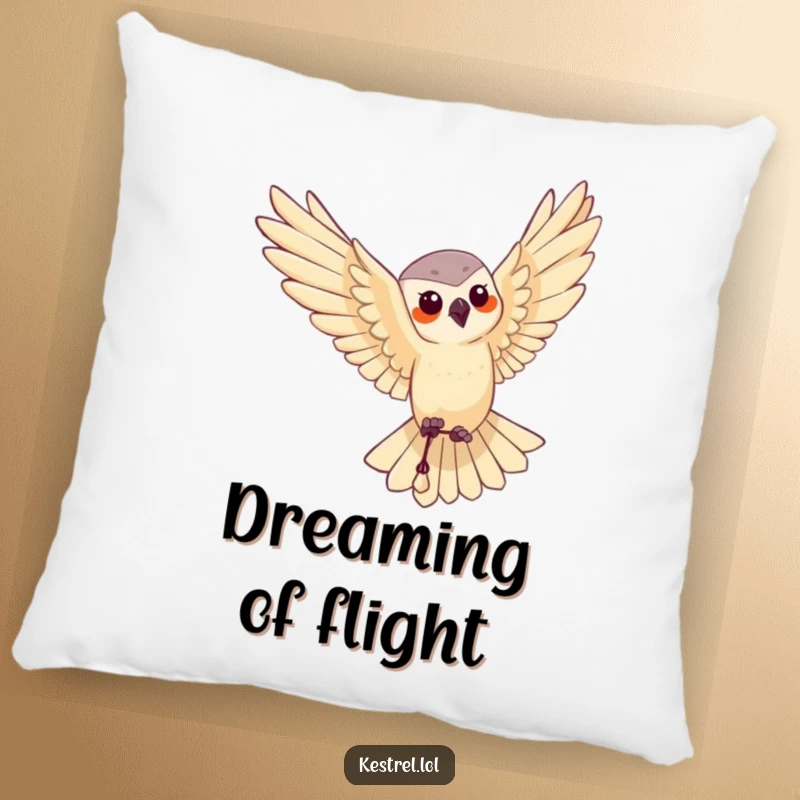 Funny pillow featuring a plush design of a kestrel character performing a graceful aerial maneuver, symbolizing elegance.