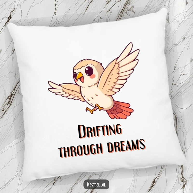 Funny kestrel pillow, cute bird character bravely soaring sideways, soft and decorative, humorous home accent.